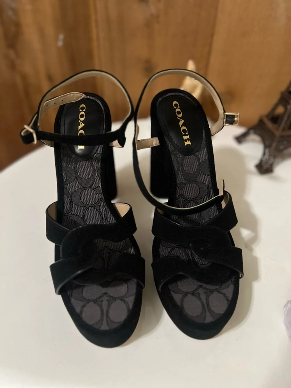 Coach Black Suede Platform Heels with Ankle Strap - Picture 2 of 9